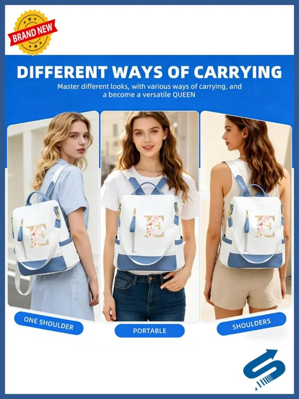 Personalized Initial Small Backpack with Anti-Theft Pocket, 3-in-1 Convertible,